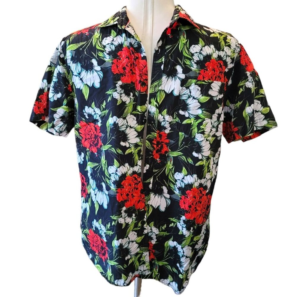 Mens Hawaiian Shirt Ricky Bingh Spring Blooms Black Red Large Slim Fit JJ3007